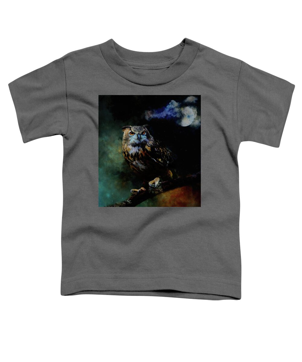 Great Horned Owl Toddler T-Shirt featuring the mixed media Moonlight Owl by Kathy Kelly