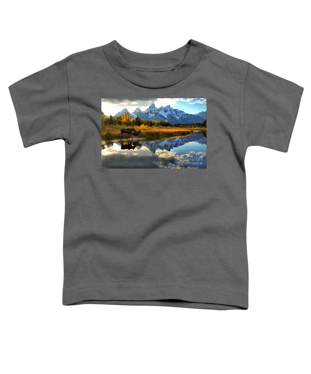 Grand Toddler T-Shirt featuring the photograph Moose Cow And Calf Evening Teton Stroll by Adam Jewell
