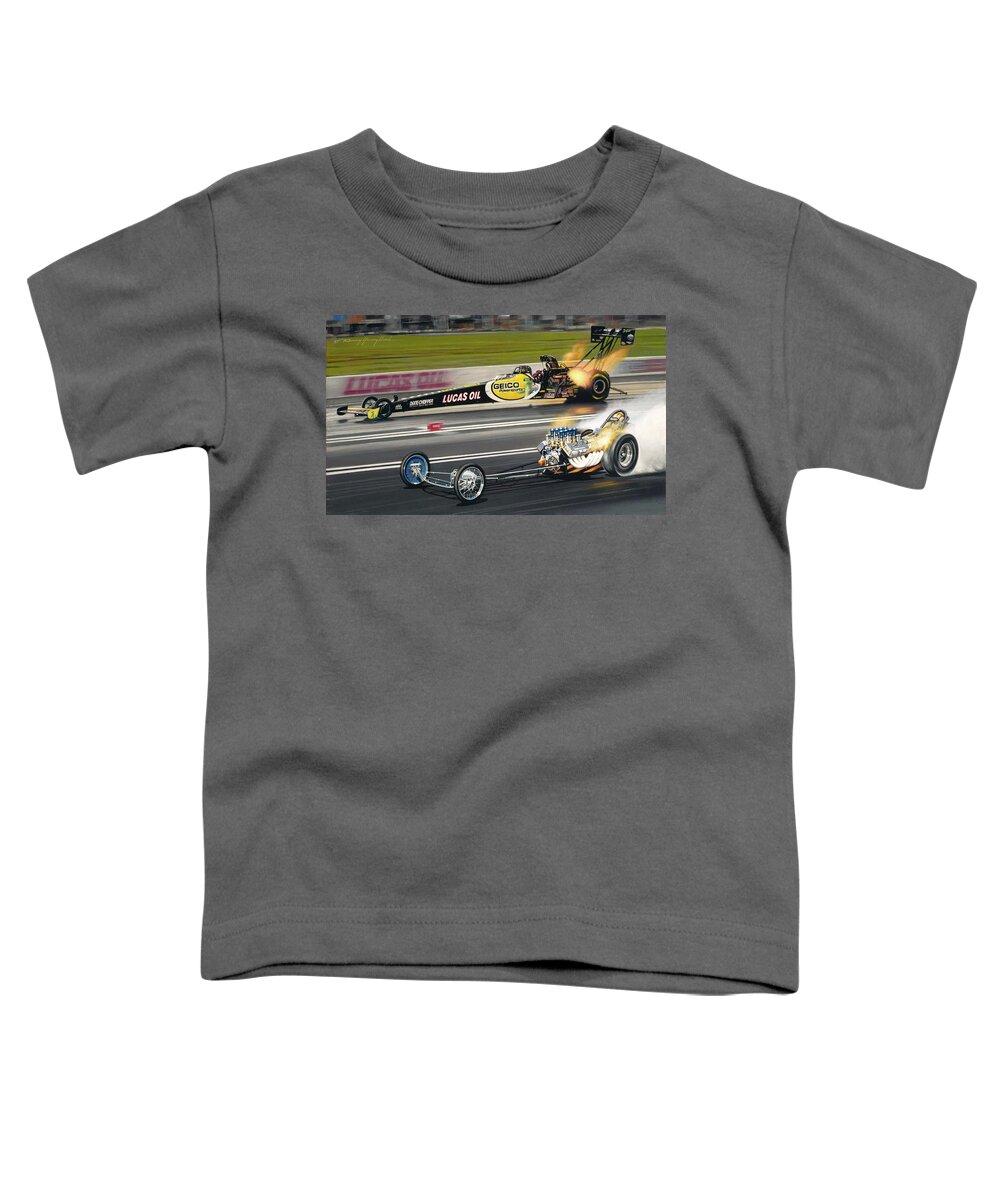 Nhra Funny Car Top Fuel Kenny Youngblood John Force Terry Mcmillan Nitro Drag Racing Toddler T-Shirt featuring the painting Morgan and Me by Kenny Youngblood