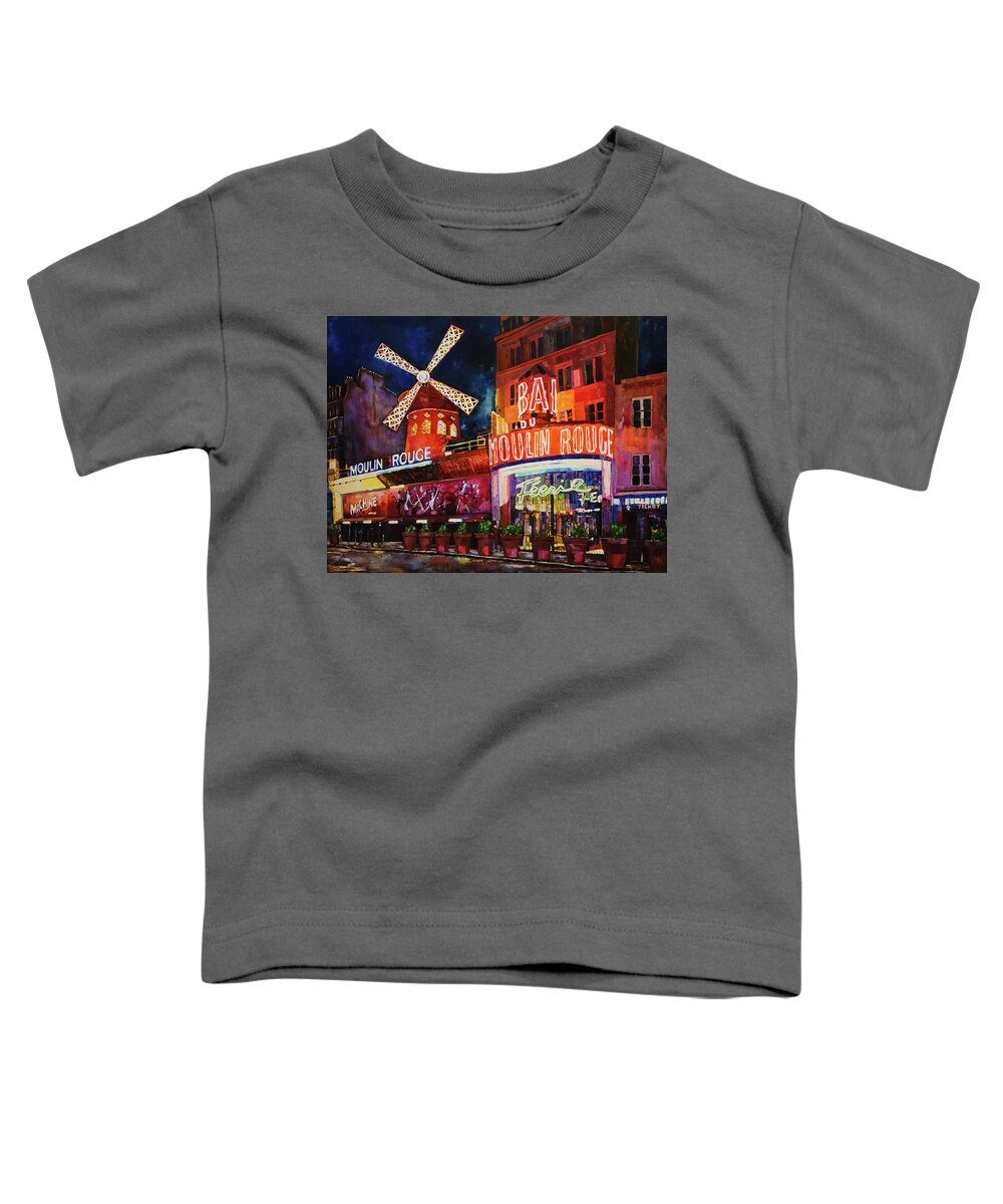 Moulin Rouge Toddler T-Shirt featuring the mixed media Moulin Rouge Nights by Sarah Ghanooni