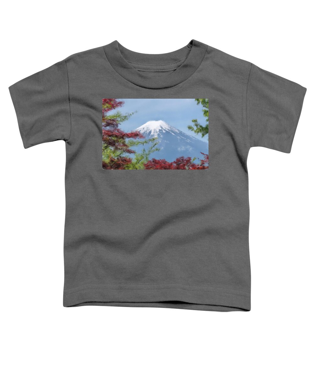 Mt. Fuji Toddler T-Shirt featuring the painting Mount Fuji and Red and Green Leaves by Gary Arnold