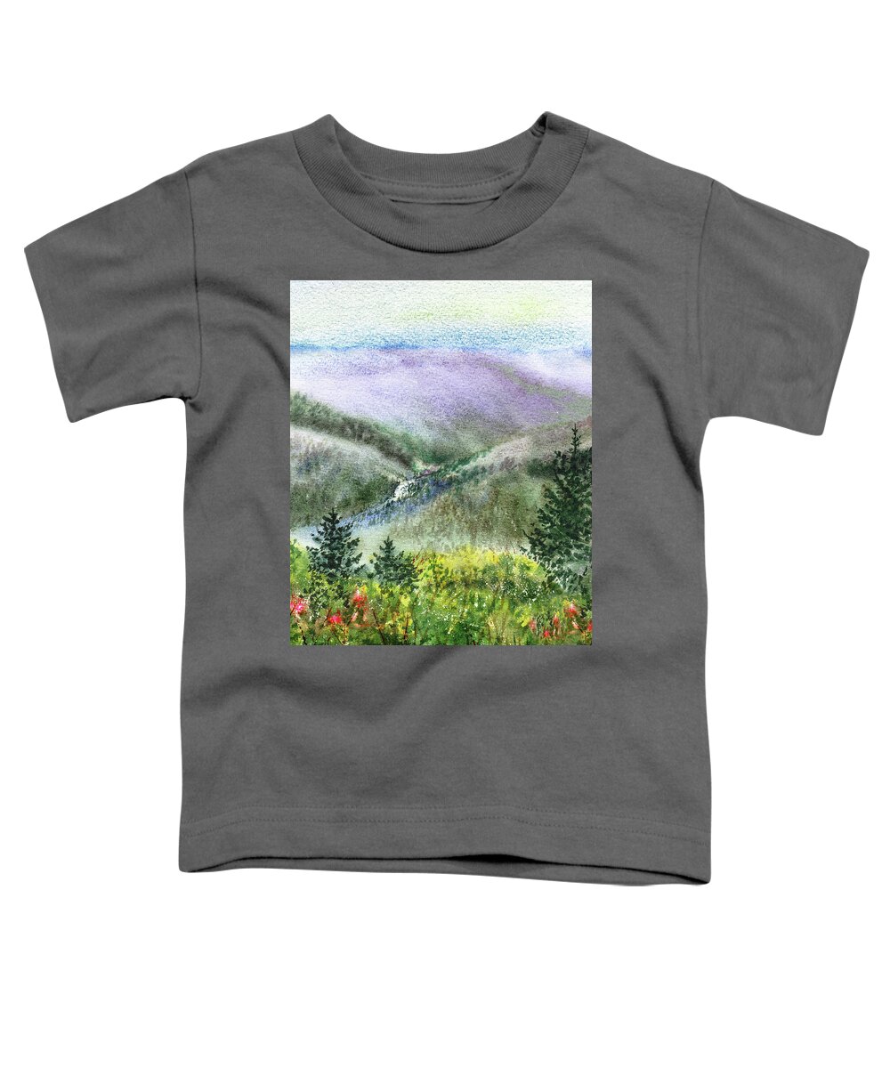 Hills Toddler T-Shirt featuring the painting Mountain Creek Between Rolling Hills And Pine Forest by Irina Sztukowski