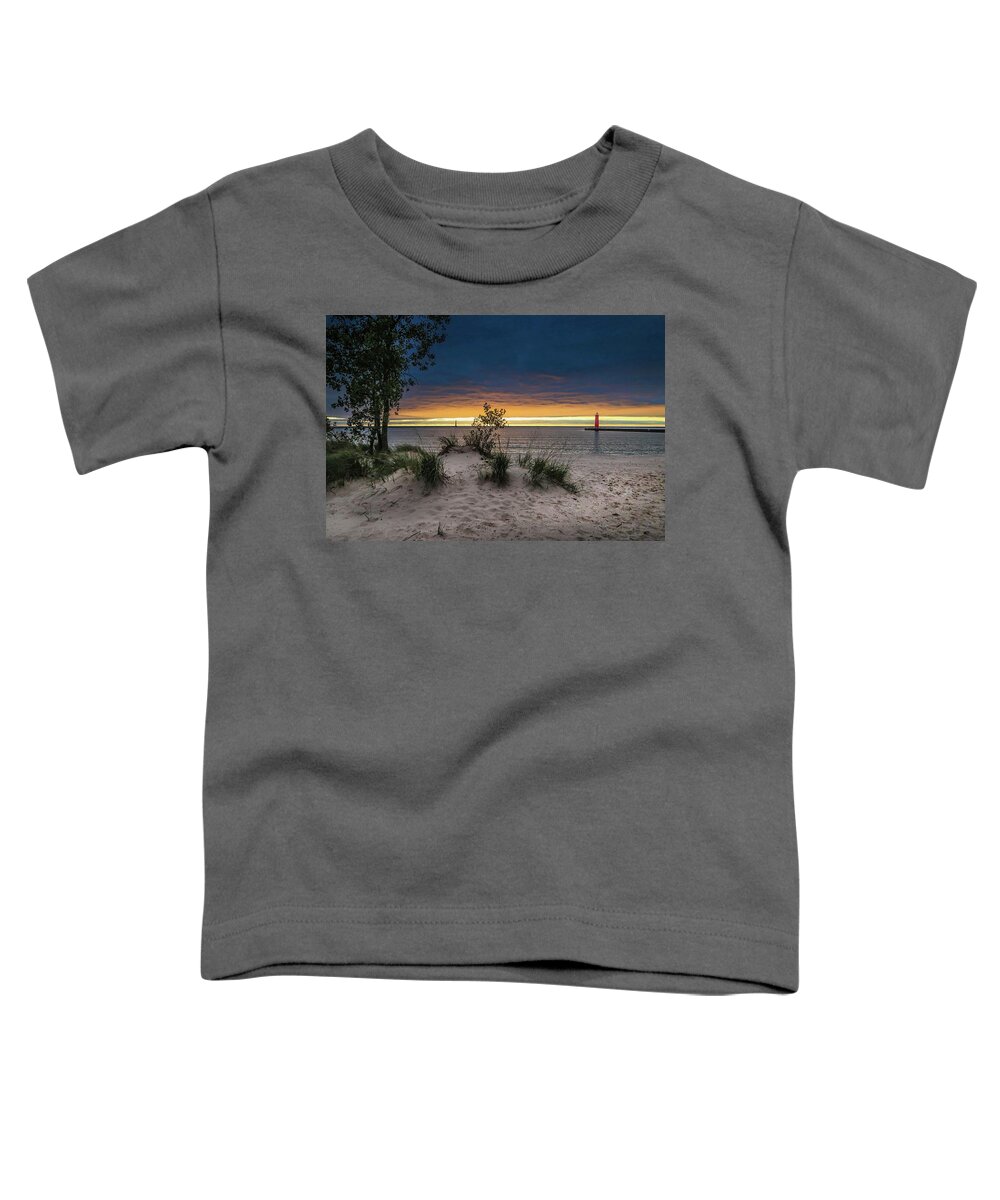  Toddler T-Shirt featuring the photograph Muskegon Beach and Lighthouse Sunset IMG_5857 by Michael Thomas