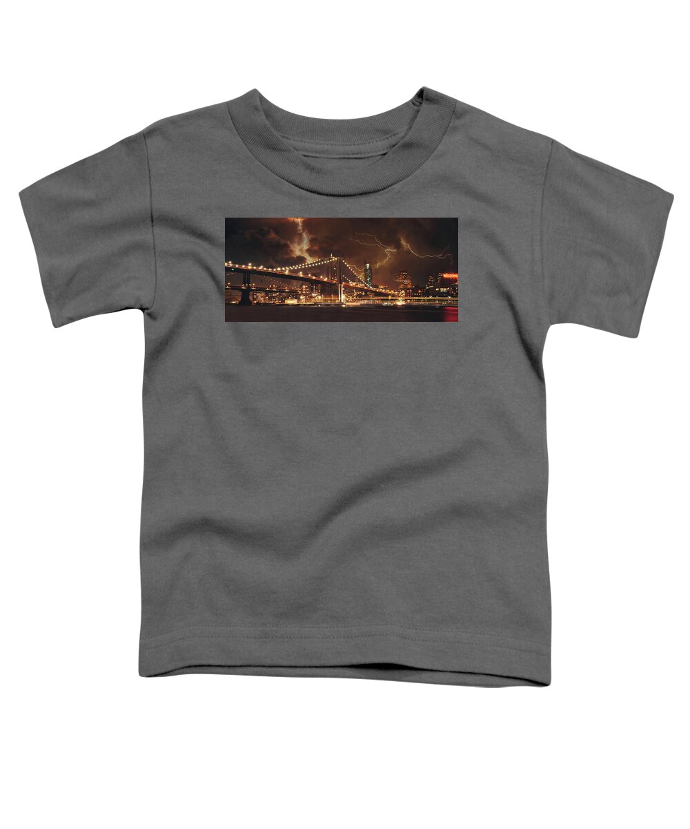  Downtown Toddler T-Shirt featuring the photograph Lightning over the Brooklyn Bridge by Montez Kerr