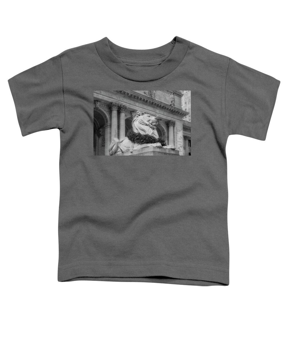 New York Public Library Toddler T-Shirt featuring the photograph NYPL Patience Lion BW by Susan Candelario