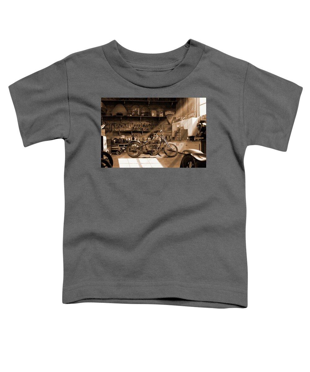 Motorcycle Toddler T-Shirt featuring the photograph Old Motorcycle Shop by Mike McGlothlen