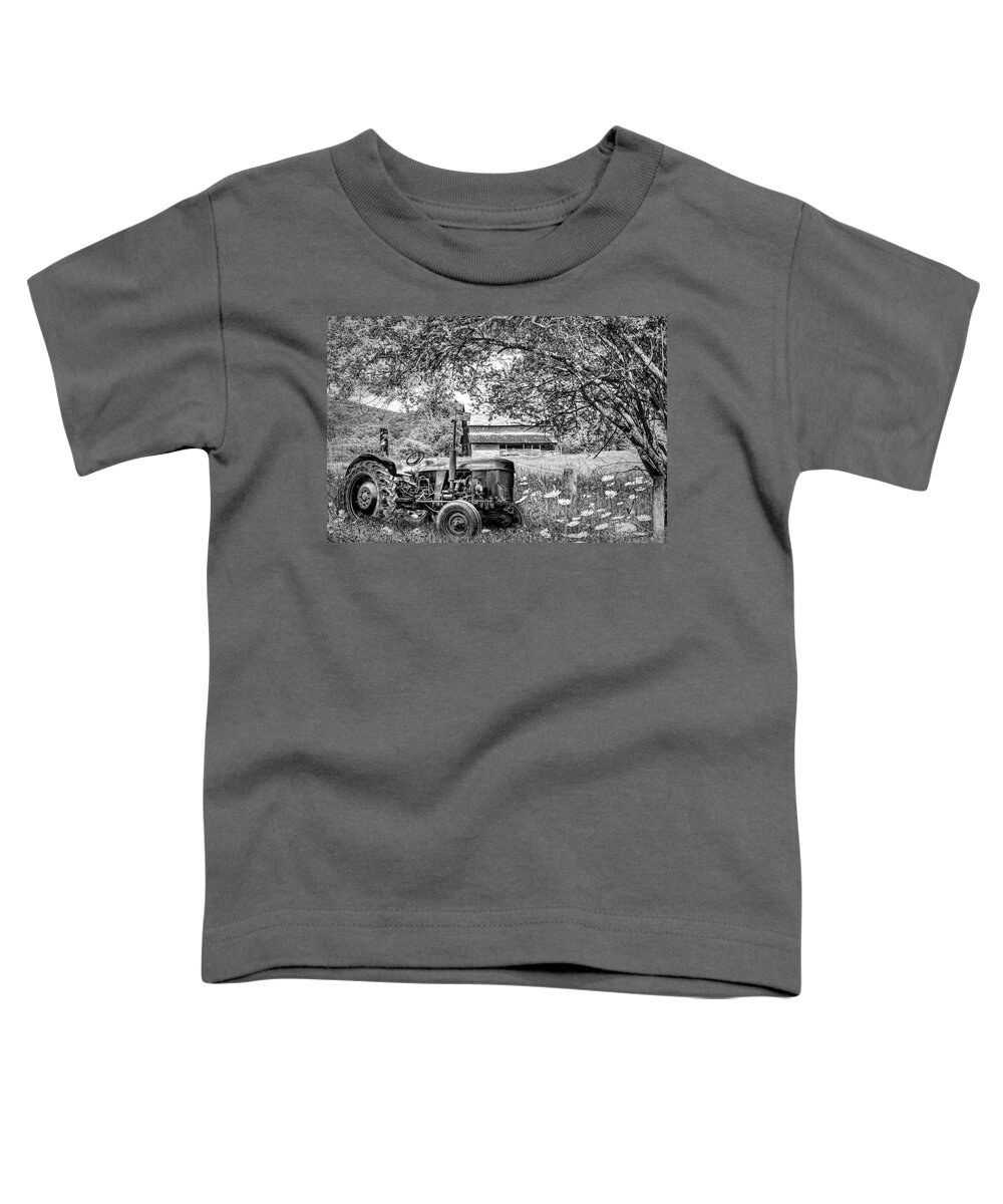 Black Toddler T-Shirt featuring the photograph Old Tractor in the Wildflowers Black and White by Debra and Dave Vanderlaan