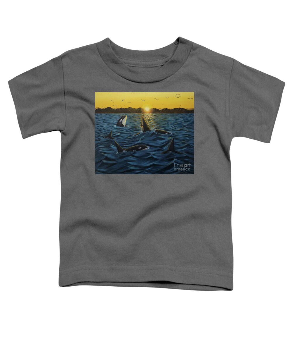 Orcas Toddler T-Shirt featuring the painting Orcas Sunset by Jimmy Chuck Smith