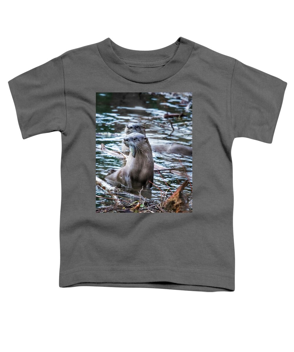 North American River Otter Toddler T-Shirt featuring the photograph Otters Having Breakfast on the River by Belinda Greb