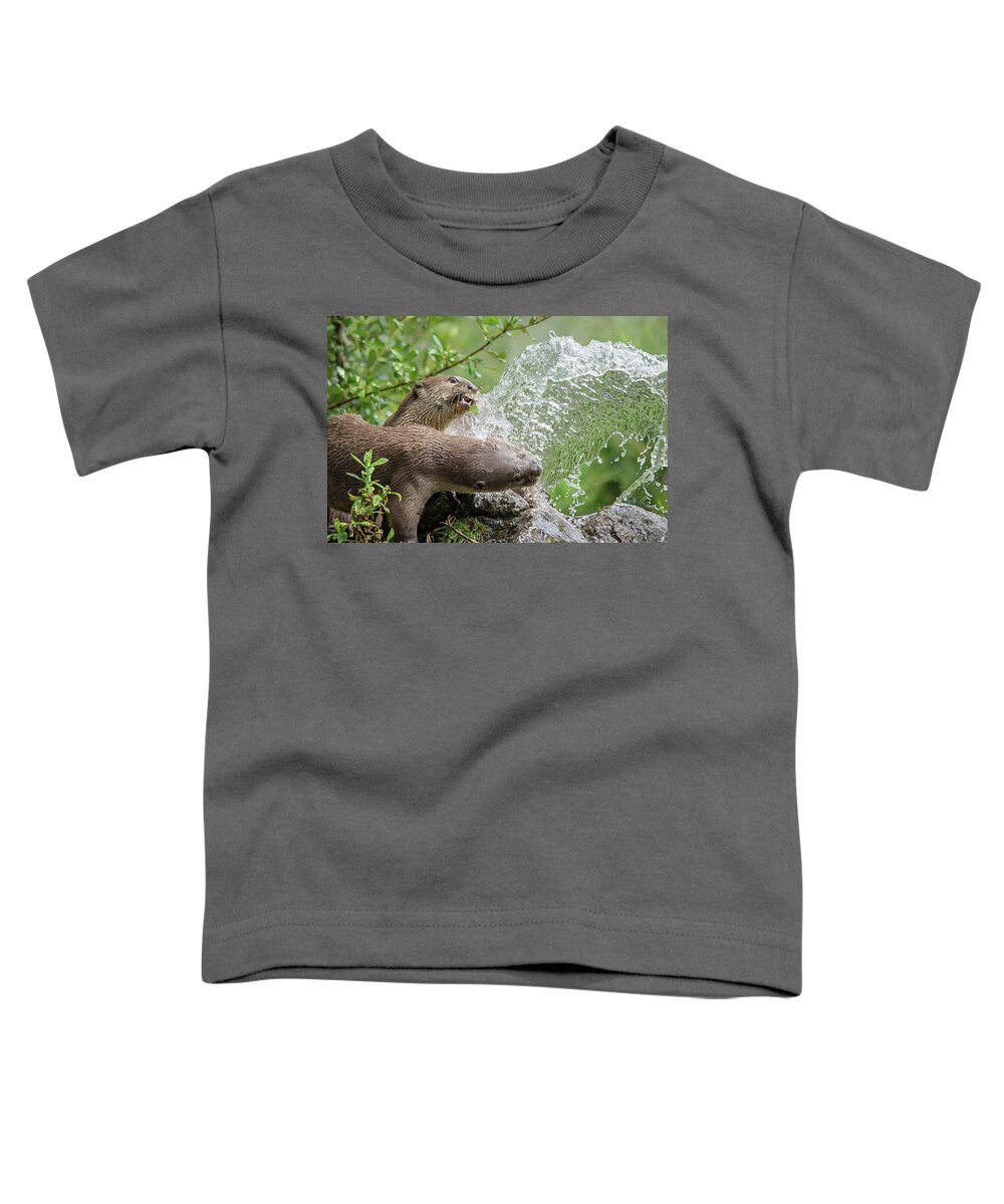 Otters Toddler T-Shirt featuring the photograph Otters in the fountain by Gareth Parkes