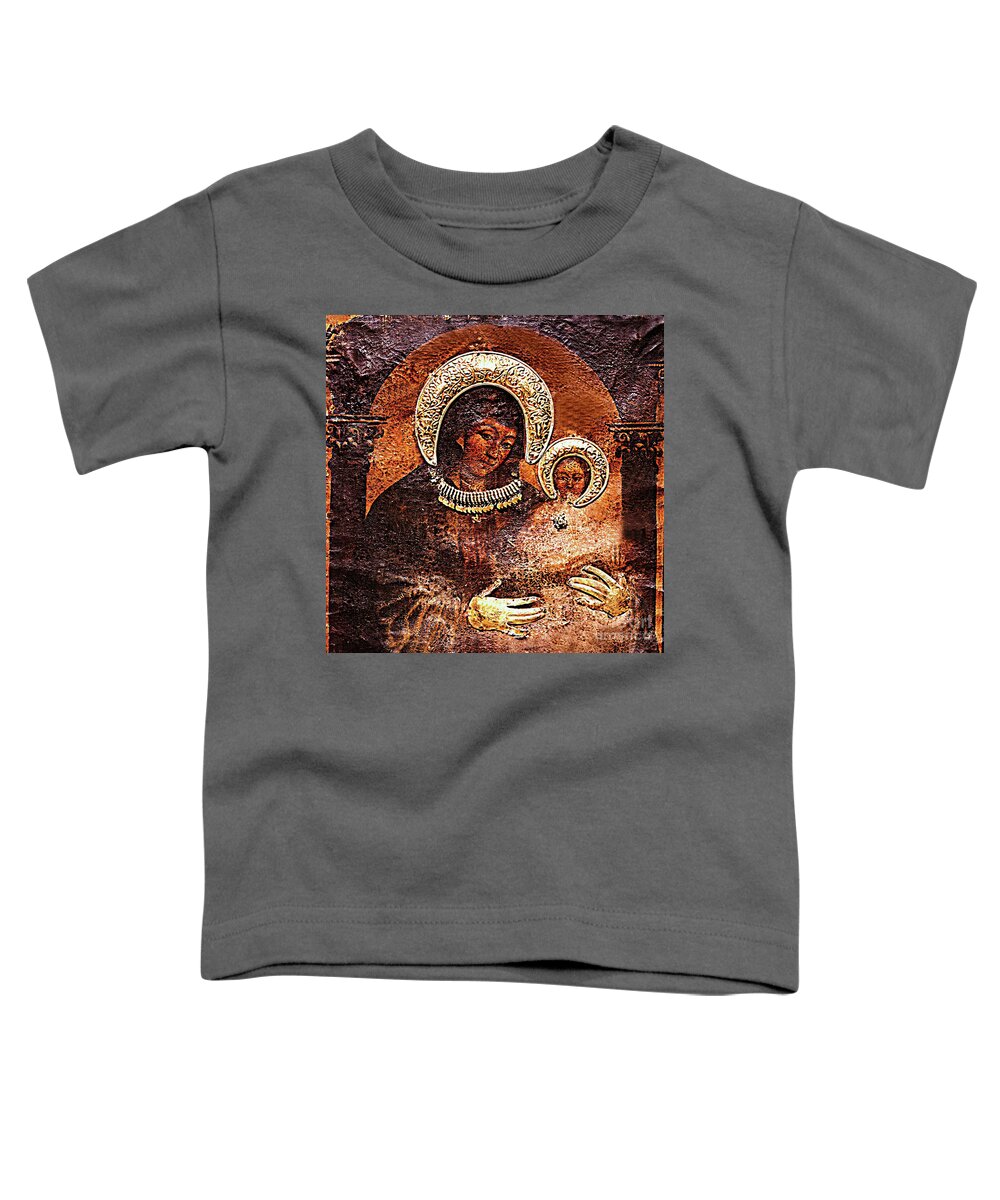 Catholic Toddler T-Shirt featuring the mixed media Our Lady Virgin Mary and Jesus Painted by St Luke by Luke the Evangelist