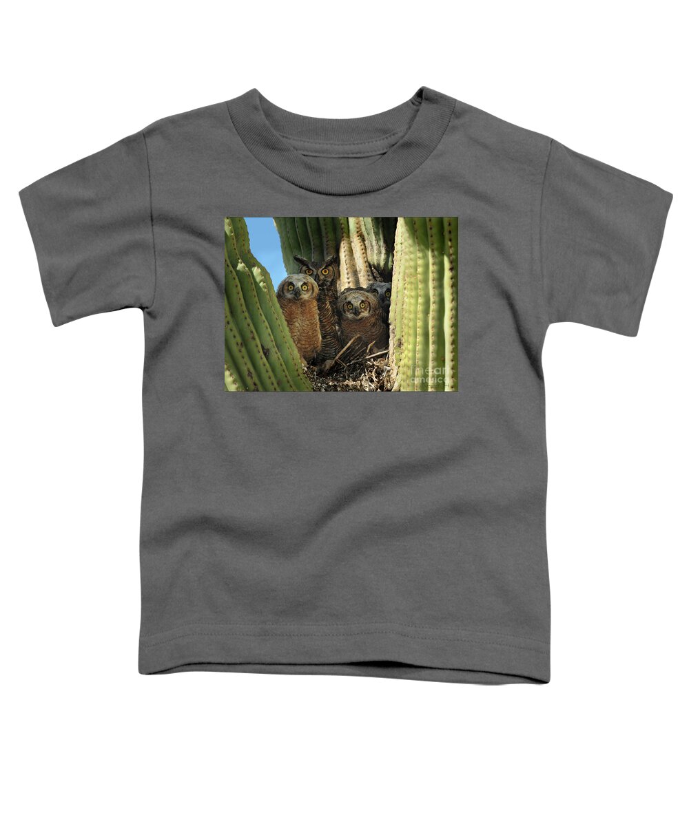 Great Horned Toddler T-Shirt featuring the photograph Owl Family in Saguaro Nest by Joanne West