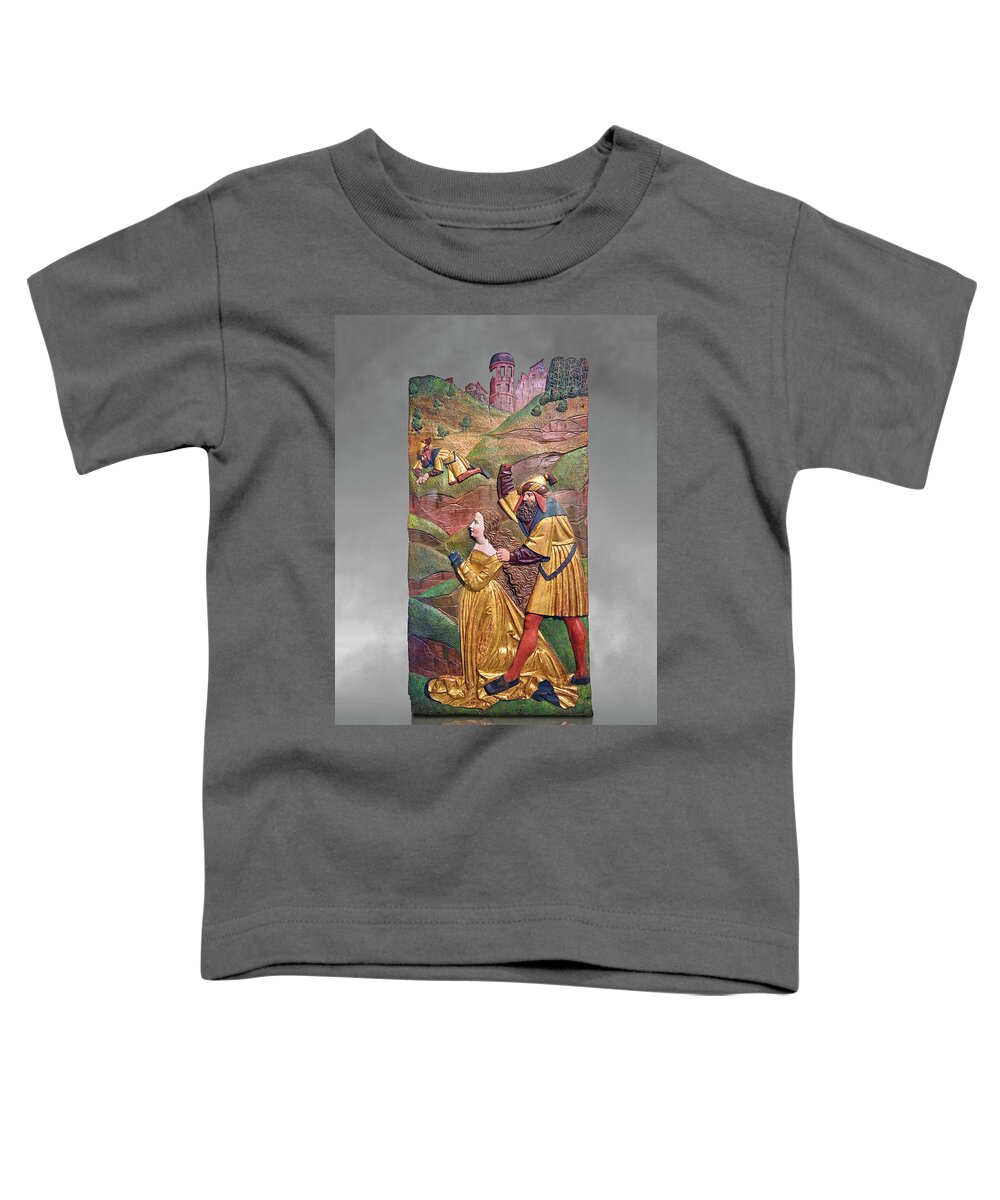 Painted Relief Panel Toddler T-Shirt featuring the painting Painted panels of the Martyrdom of Saint Catherine-1524 by Hans Gieng 1524 by Paul E Williams