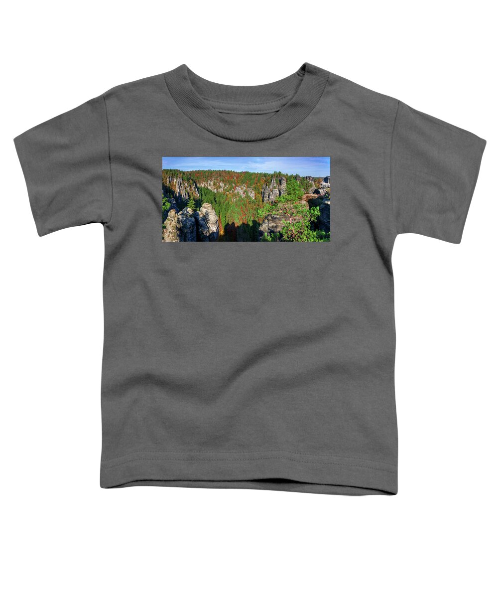 Saxon Switzerland Toddler T-Shirt featuring the photograph Panoramic view of the Elbe Sandstone Mountains by Sun Travels