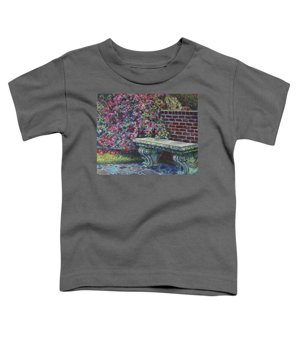 Garden Scene Toddler T-Shirt featuring the painting Peaceful Place Of Roses by Veronica Cassell vaz