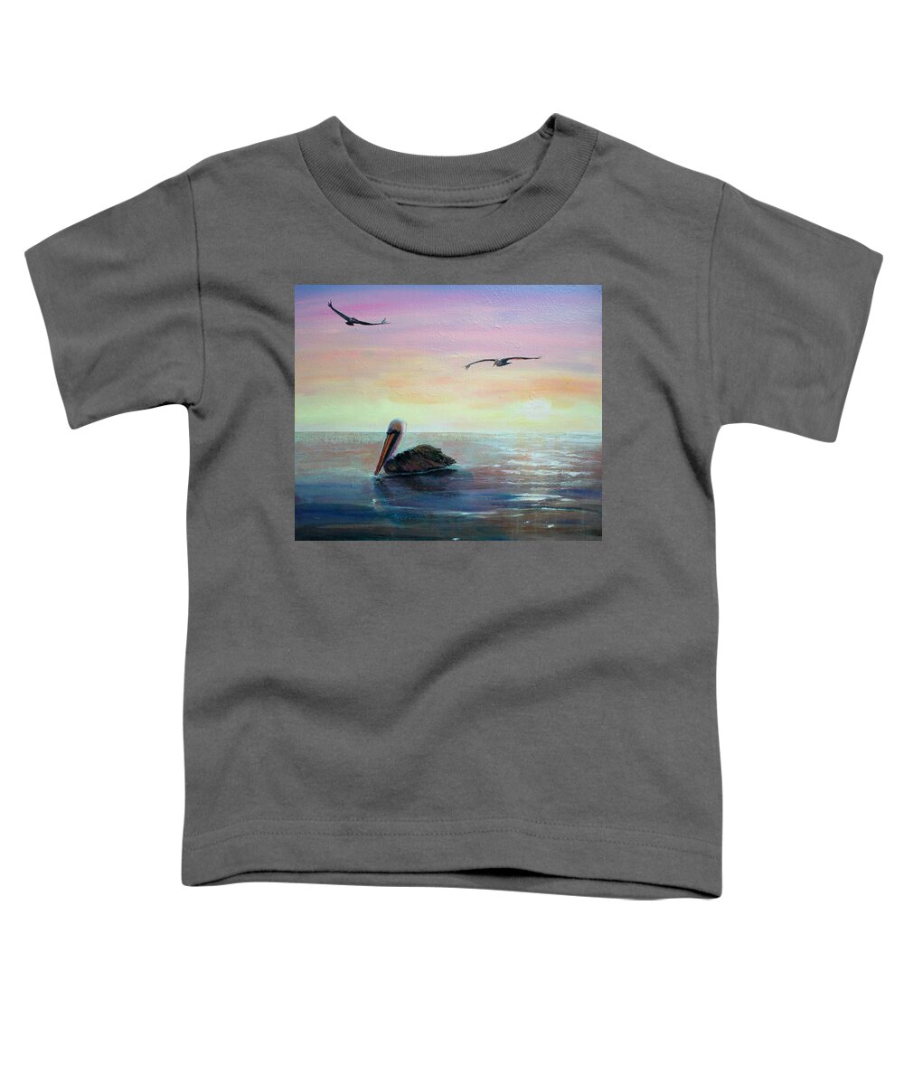 Pelicans Toddler T-Shirt featuring the painting Pelican beach by Ruth Kamenev