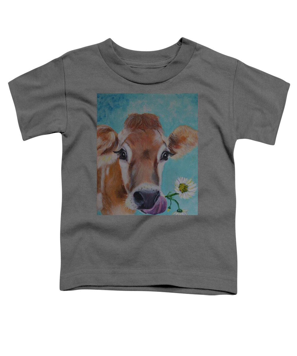 Cow With Daisy Toddler T-Shirt featuring the painting Penelope by Evi Green