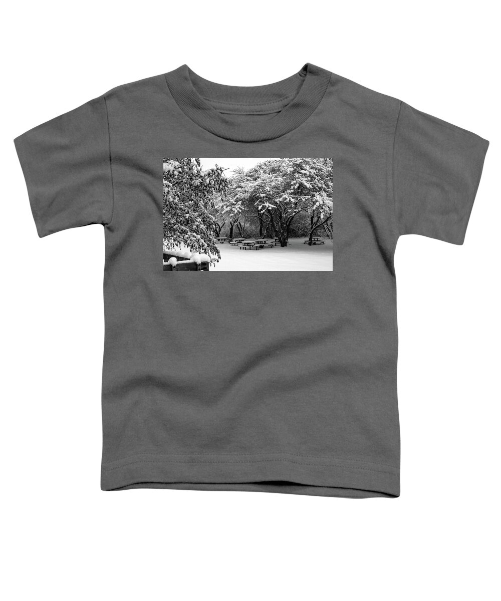 Black & White Photography Toddler T-Shirt featuring the photograph Picnic Under Snow Branches by Deb Beausoleil