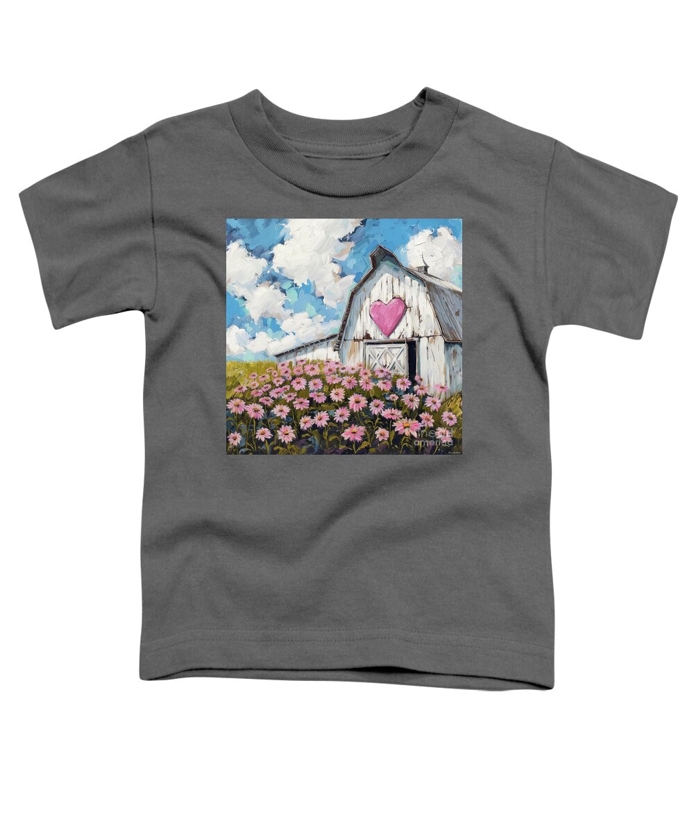 Barn Toddler T-Shirt featuring the painting Pink Heart Barn In The Daises by Tina LeCour