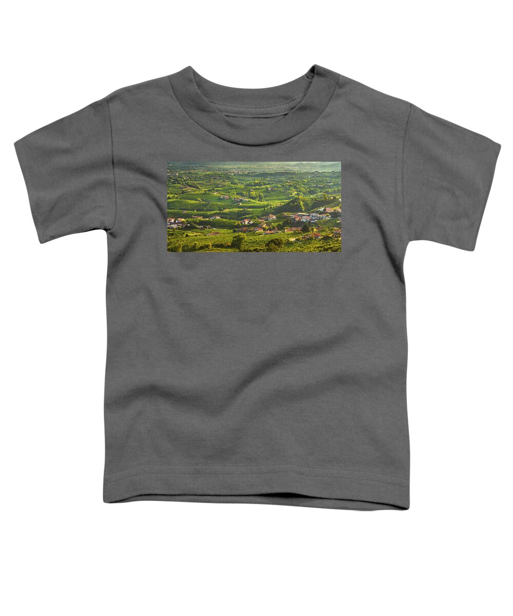Prosecco Toddler T-Shirt featuring the photograph Prosecco Hills panoramic view of vineyards and wineries, Italy by Stefano Orazzini