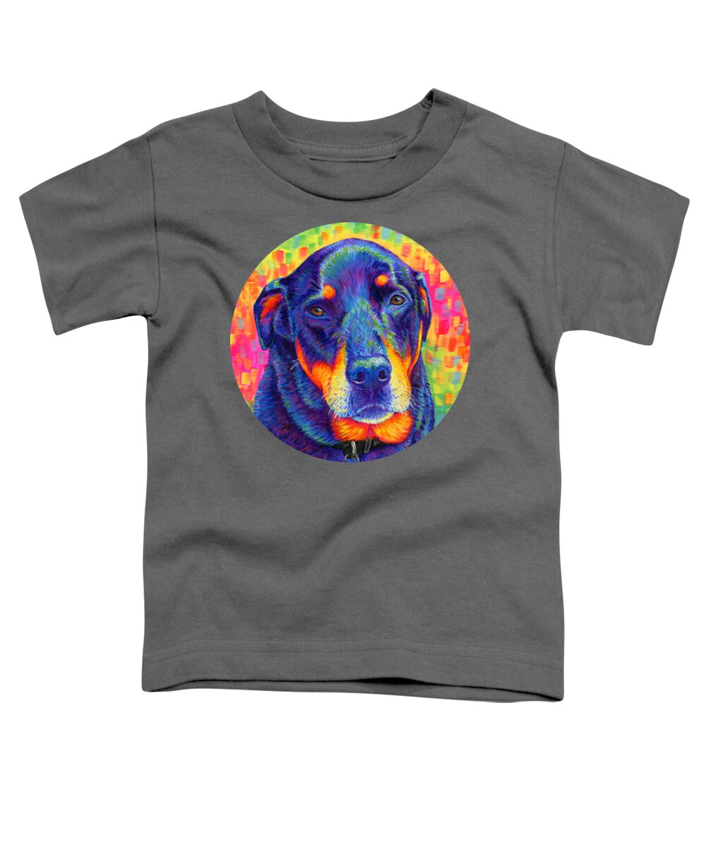 Rottweiler Toddler T-Shirt featuring the painting Psychedelic Rainbow Rottweiler by Rebecca Wang