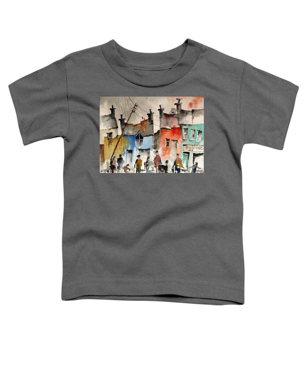 The Takeaway Toddler T-Shirt featuring the painting The oficial opening of Jerimiahs, Takeway, in Ardgroom by Val Byrne