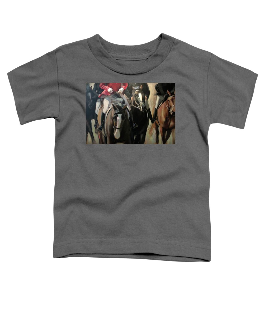 Horse Horses Foxhunt Animals Equestrian Oil Painting Contemporary Toddler T-Shirt featuring the painting Pulling on the rein by Susan Bradbury