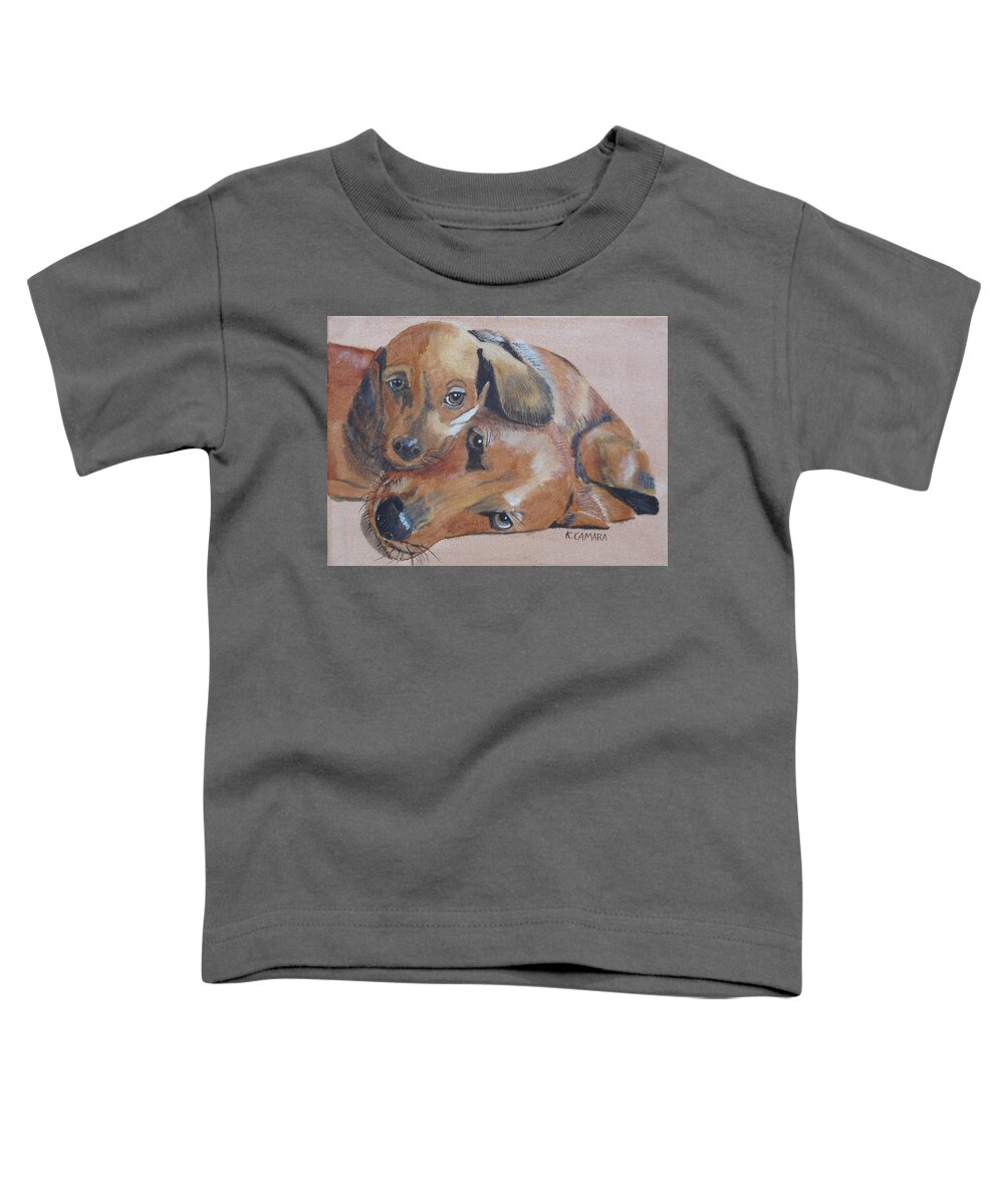 Pets Toddler T-Shirt featuring the painting Puppies Cuddling by Kathie Camara