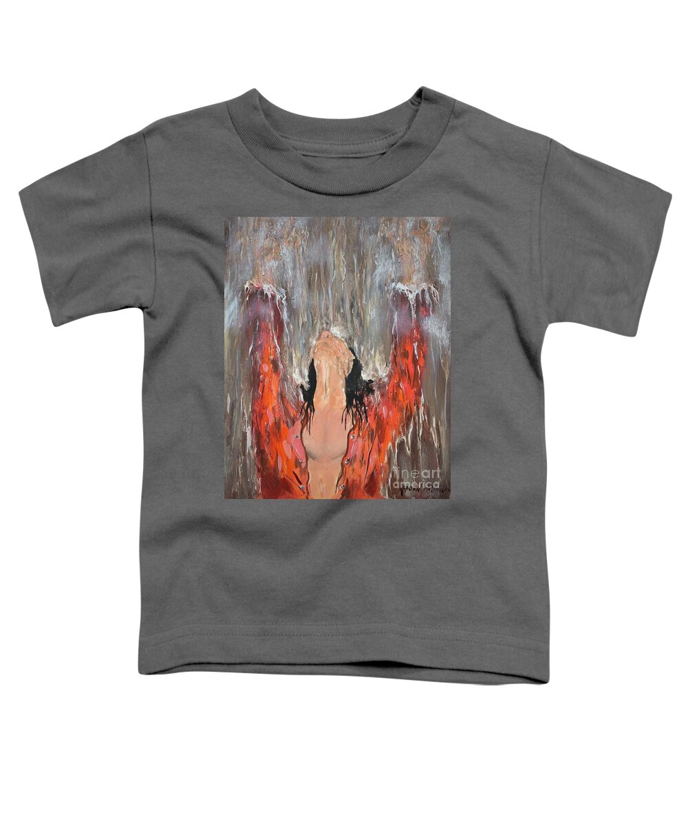 Rain Woman Water Waterfall Wet Shower Orange Black Hair Hands Up Drops Acrylic On Canvas Miroslaw Chelchowski Painting Print Toddler T-Shirt featuring the painting Rain by Miroslaw Chelchowski