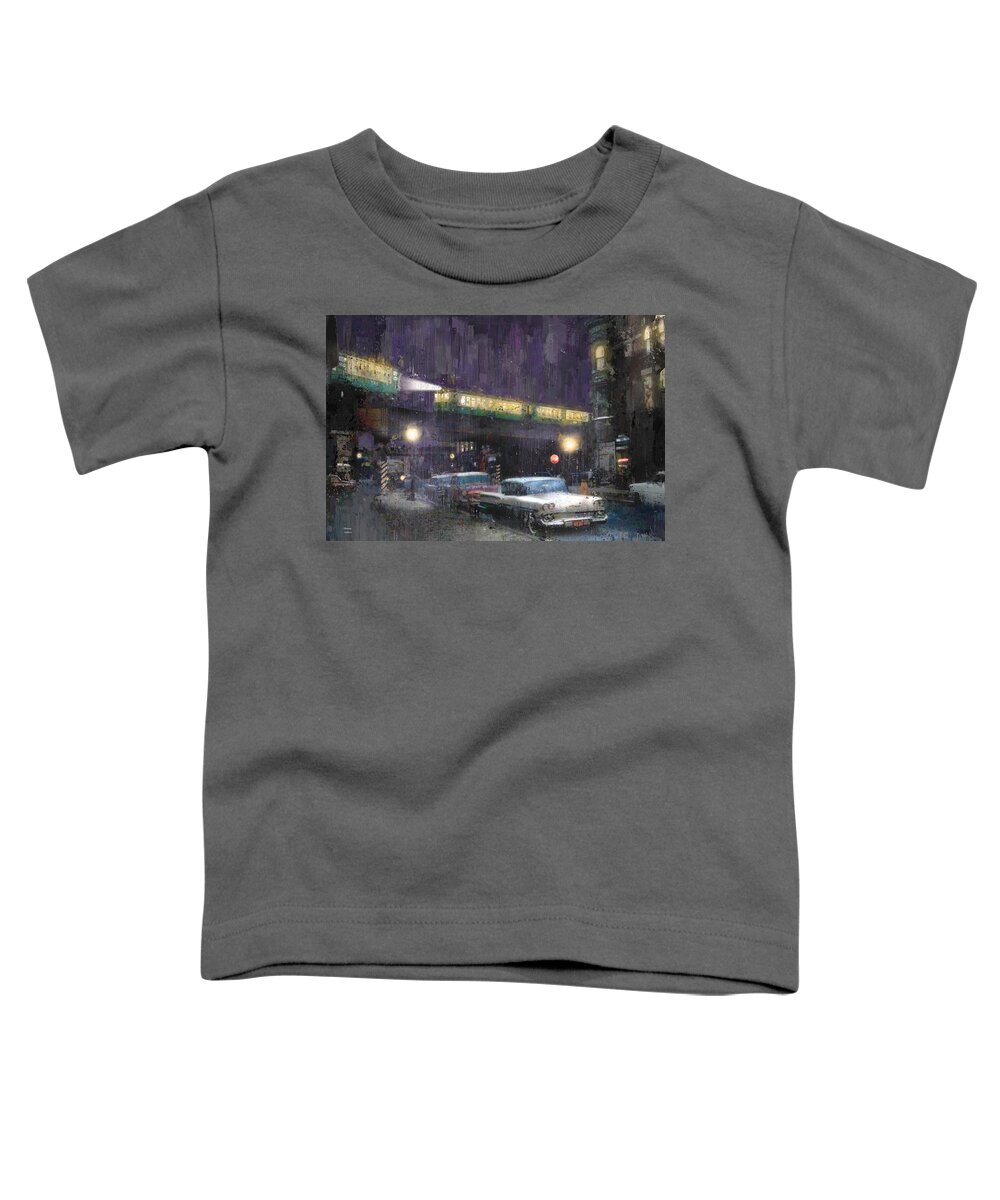 Cta Toddler T-Shirt featuring the painting Rainy Night - 58 Chevy and Ravenswood Trains by Glenn Galen