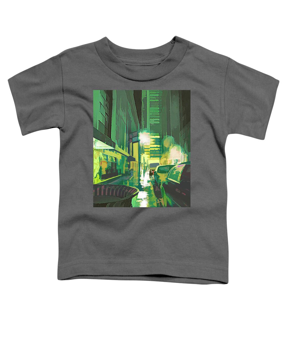 Pop Art Toddler T-Shirt featuring the digital art Rainy NY Night by Steve Ladner
