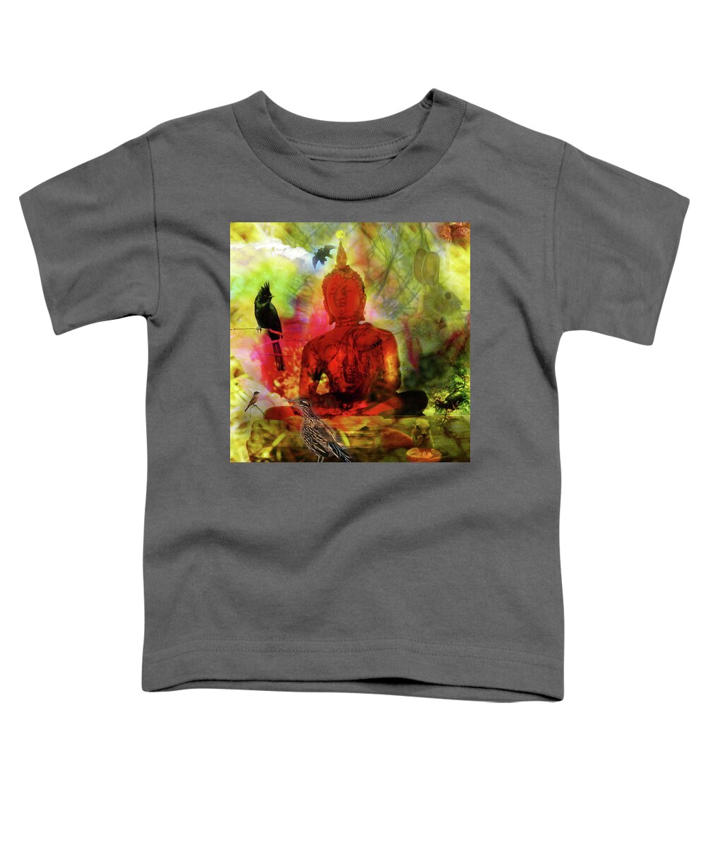 Phainopepla Toddler T-Shirt featuring the photograph Red Buddha With Birds by Perry Hoffman