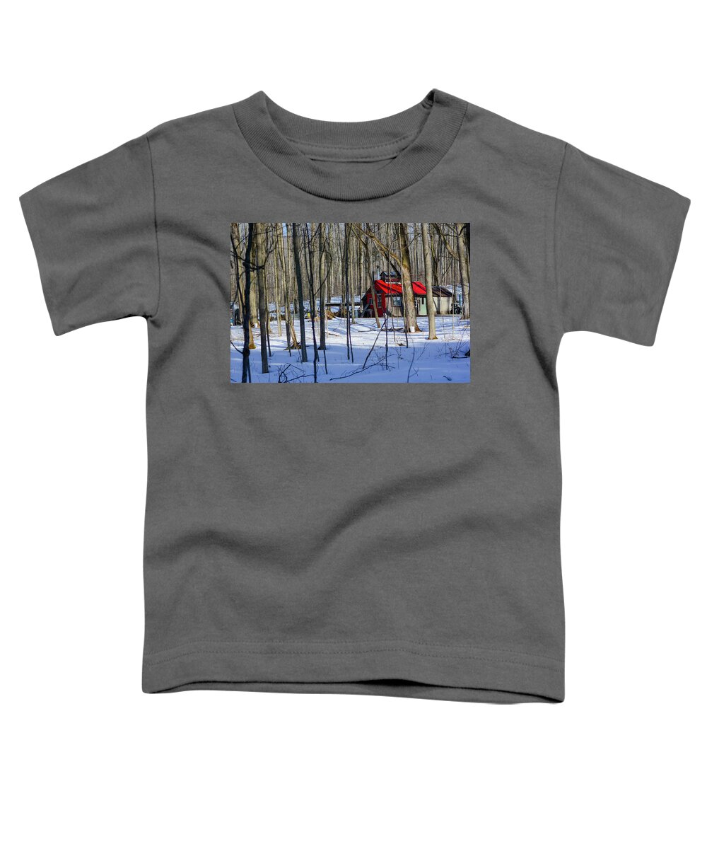 Red Toddler T-Shirt featuring the photograph Red Cabin in the Woods by James Canning