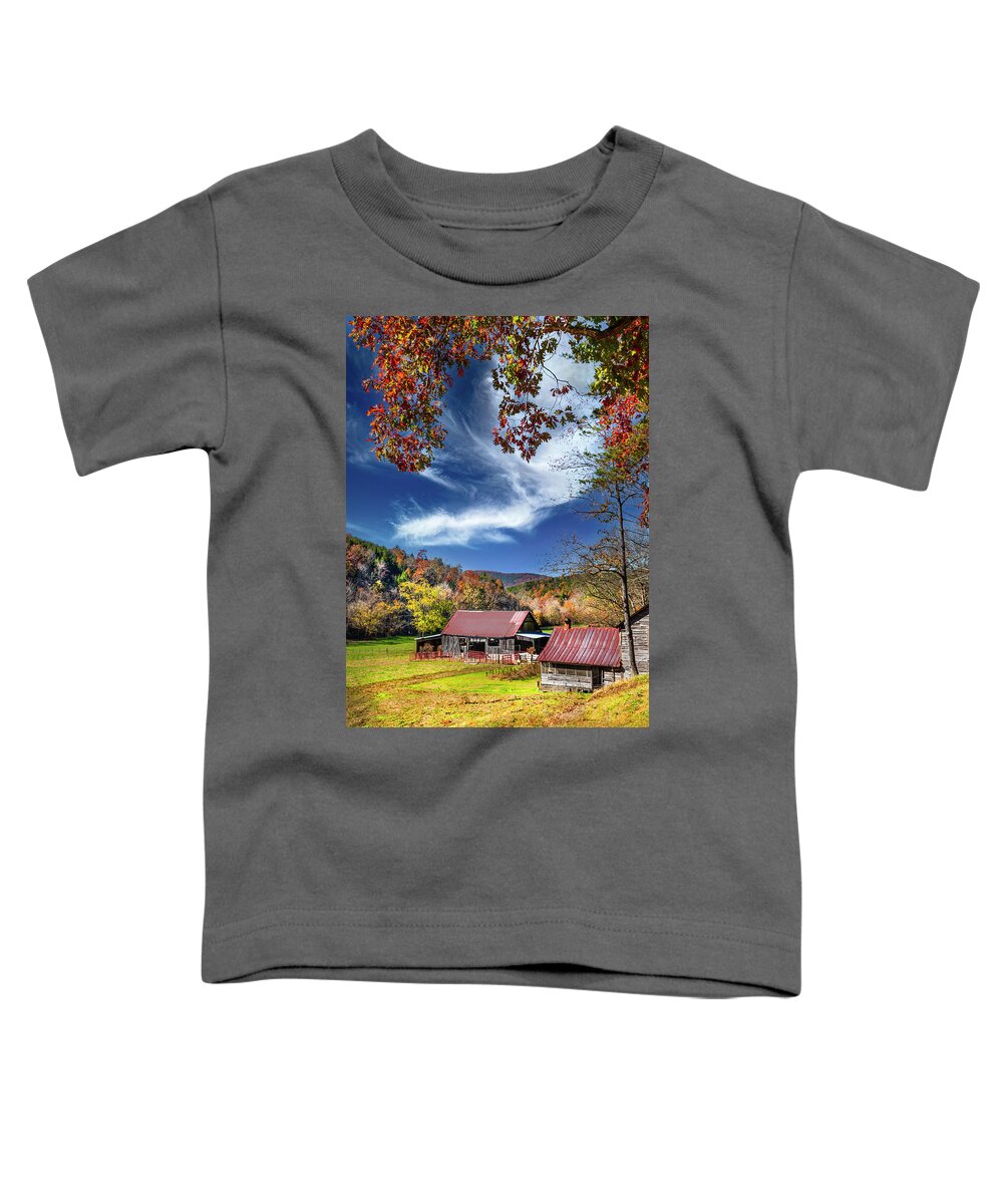 Barns Toddler T-Shirt featuring the photograph Red Oaks over the Farm Barns by Debra and Dave Vanderlaan