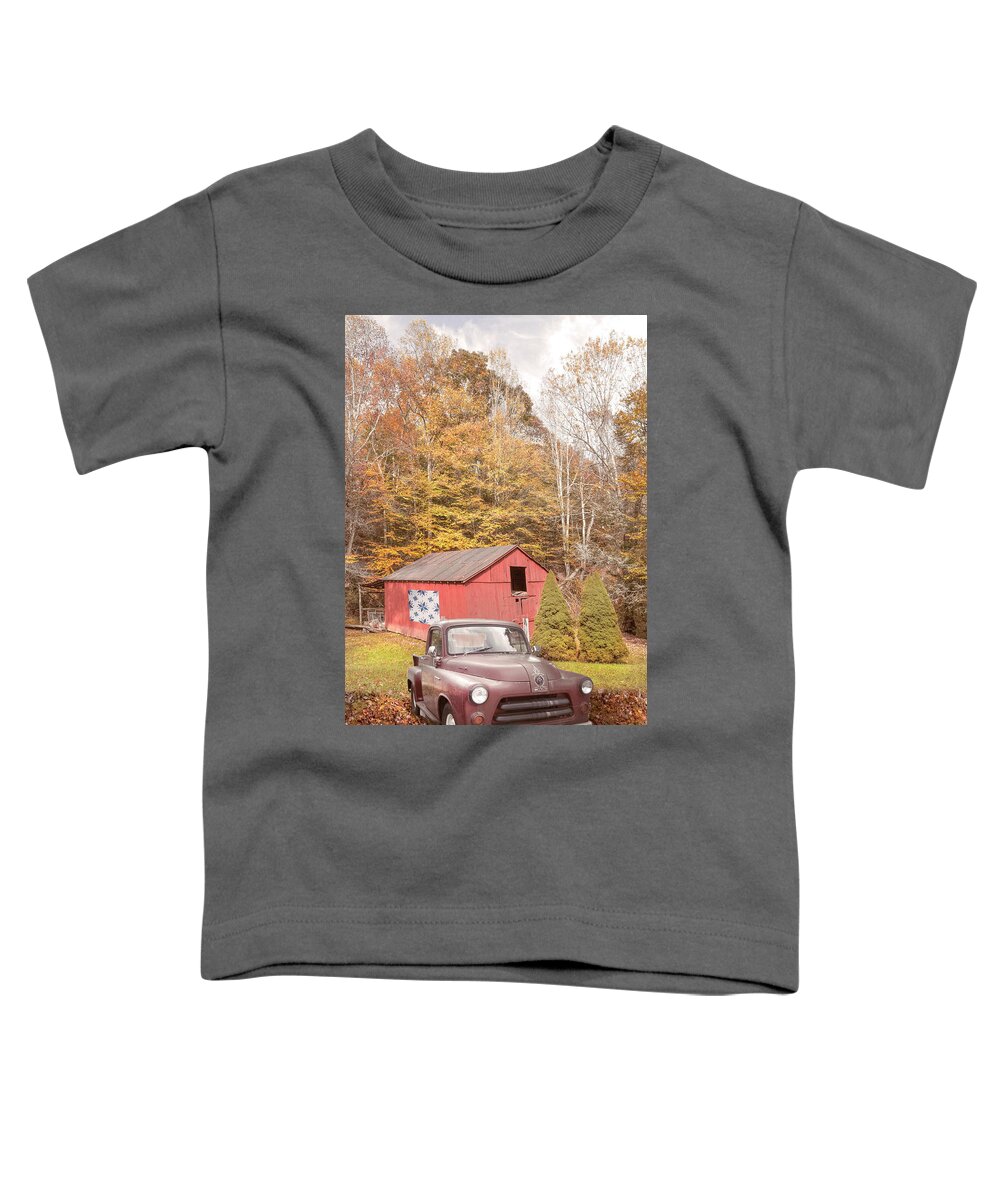 Truck Toddler T-Shirt featuring the photograph Red Quilt Farmhouse Barn and Truck along the Creeper Trail Damas by Debra and Dave Vanderlaan