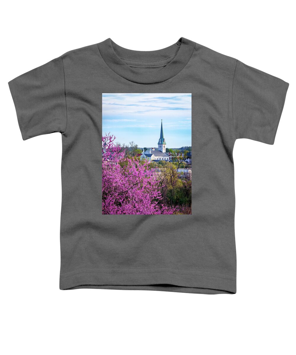 Redbud Toddler T-Shirt featuring the photograph Redbud and Steeple by C Renee Martin
