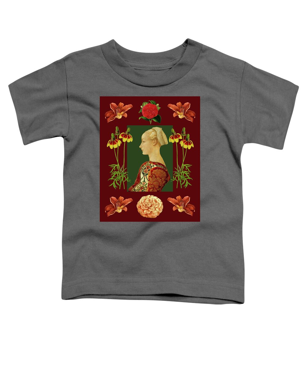 Portrait Toddler T-Shirt featuring the mixed media Renaissance Lady with Flowers by Lorena Cassady