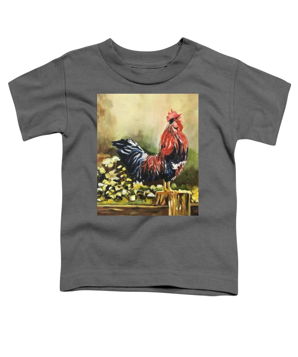 Colorful Rooster Toddler T-Shirt featuring the painting Rise and Shine by Juliette Becker