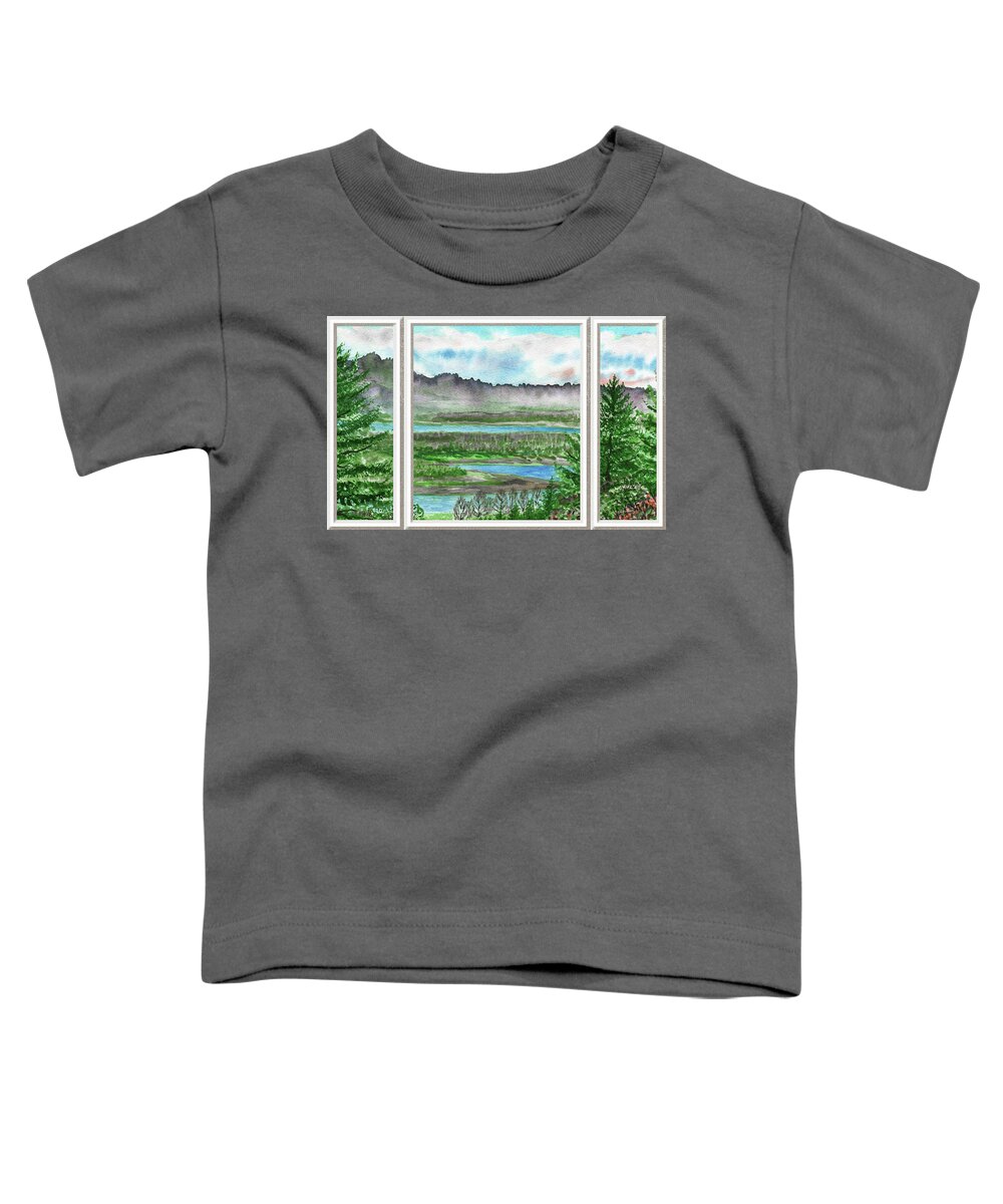 Window View Toddler T-Shirt featuring the painting River House Window View Meditative Landscape With Calm Waters And Hills Watercolor I by Irina Sztukowski