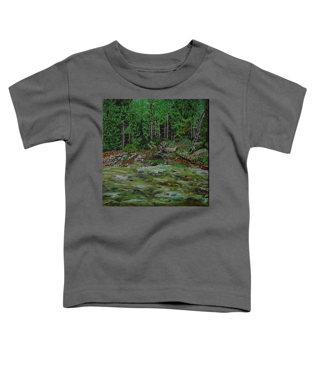 Landscape Oil Painting Natural Wild Peacefull Outside Wet Foam Stream By The River Reflections Water Aqua River Sand Modern Comb Shimmer Pine Needle In Bloom Deciduous Tree Forest Leaf Woodland Trees Tranquil Botanical Plant Realism Nature Floral Rocks Stones Mysterious Pristine Wild Sunlight Sunny Summer Vacations Sky Travel Poland Explore Stone Texture Derail Focus On Stone Scenery Toddler T-Shirt featuring the painting River by Maria Woithofer