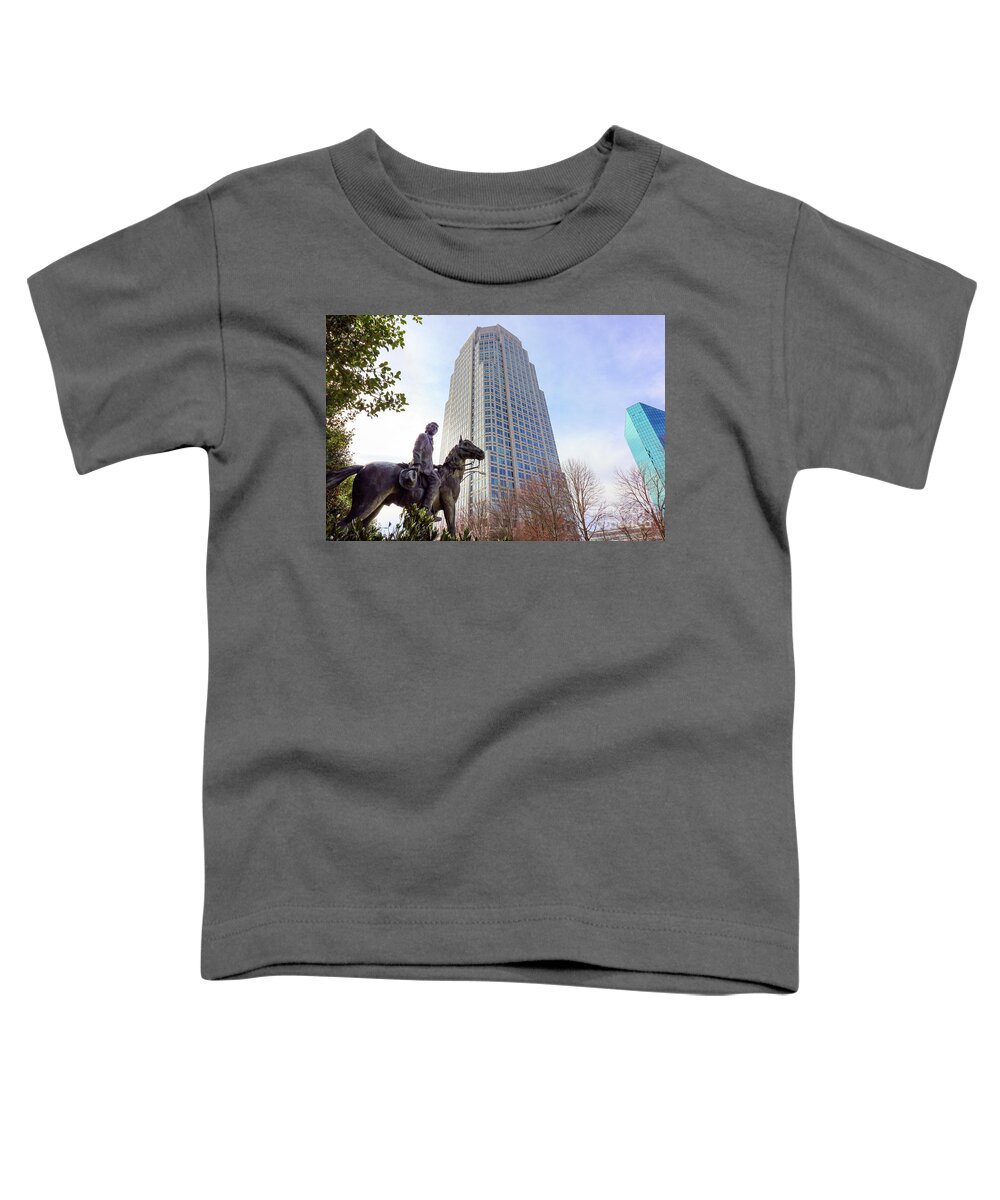 Winston Salem Toddler T-Shirt featuring the photograph RJ Reynolds Statue and Wells Fargo Building 0494 by Jack Schultz