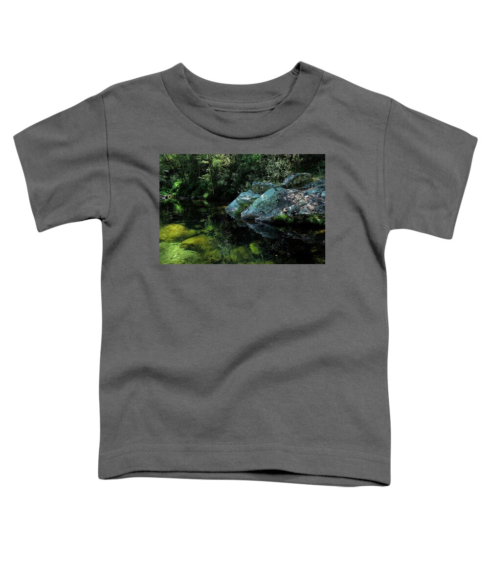 Sao Pedro Do Sul Toddler T-Shirt featuring the photograph Rocks and peaceful river in Carvalhais by Angelo DeVal