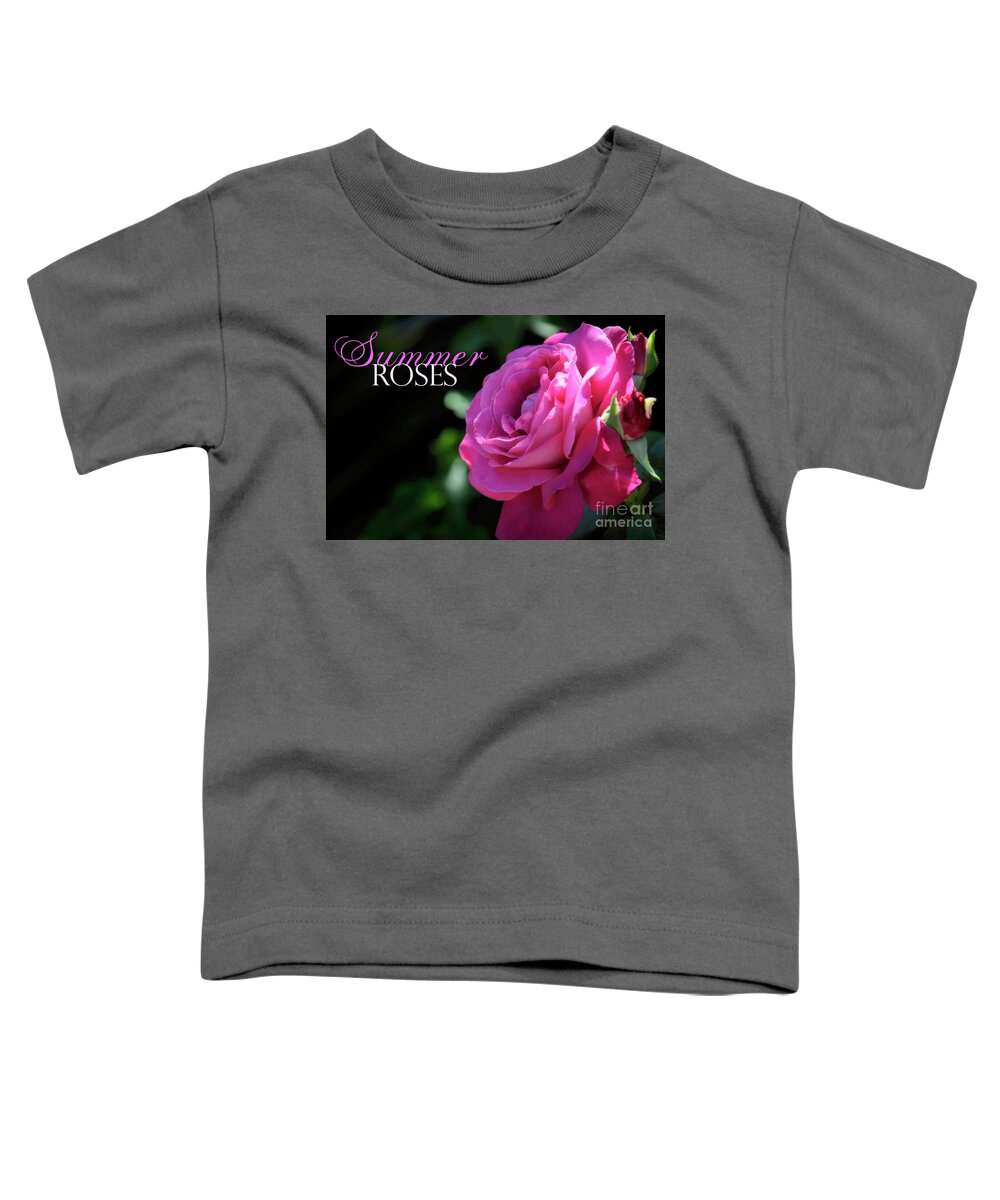 Flowers Toddler T-Shirt featuring the photograph Rose garden Summer deep pink rose against a dark green garden se by Milleflore Images