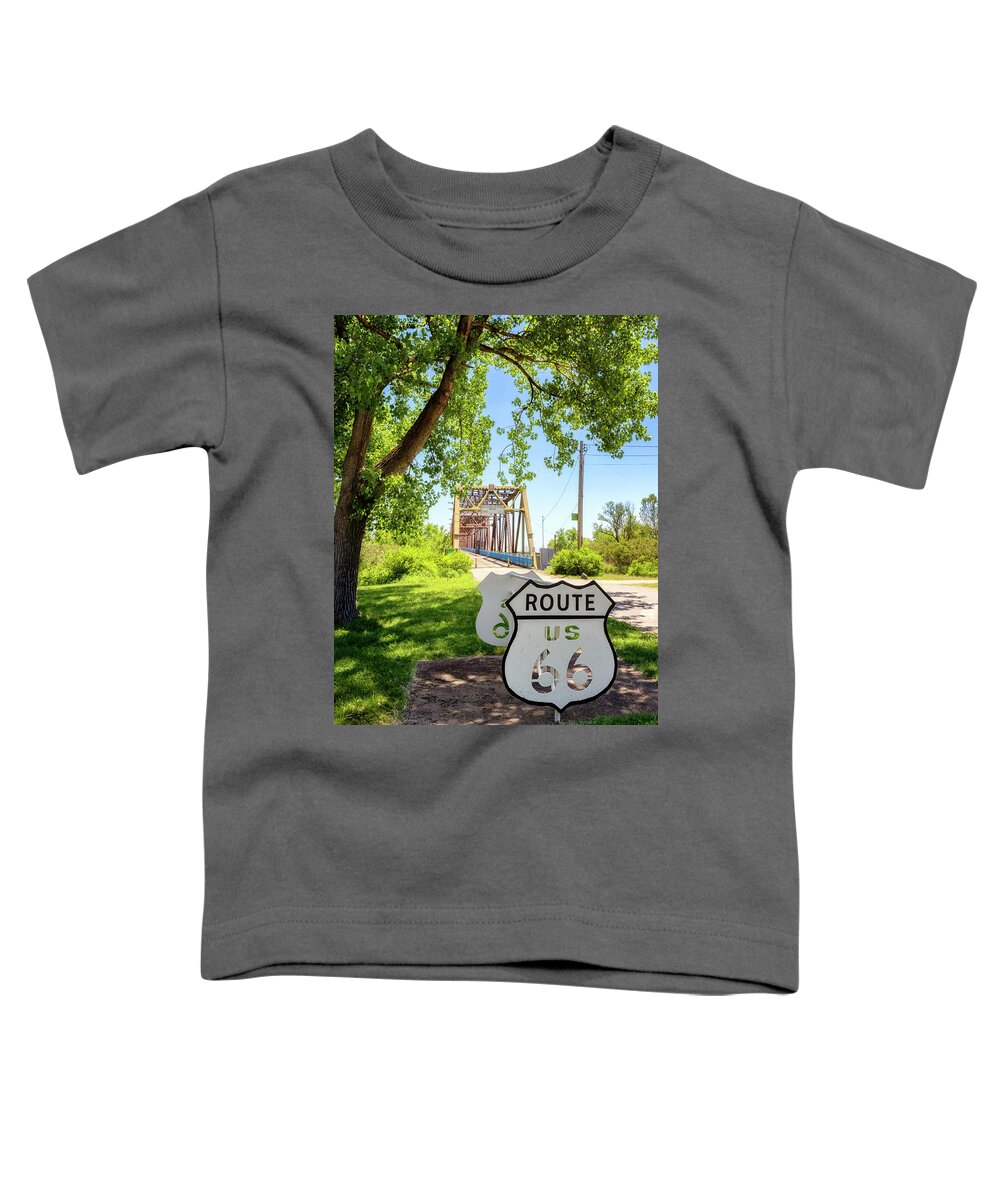 Route 66 Toddler T-Shirt featuring the photograph Route 66 Bicycle Rack - Old Chain of Rocks Bridge by Susan Rissi Tregoning