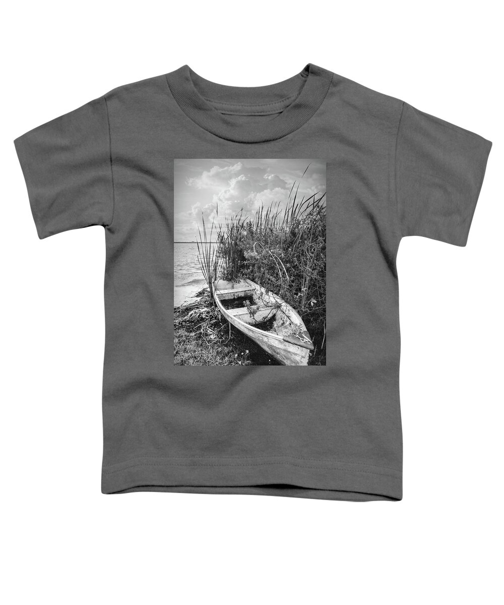 Boats Toddler T-Shirt featuring the photograph Rowboat in the Marsh in Black and White by Debra and Dave Vanderlaan