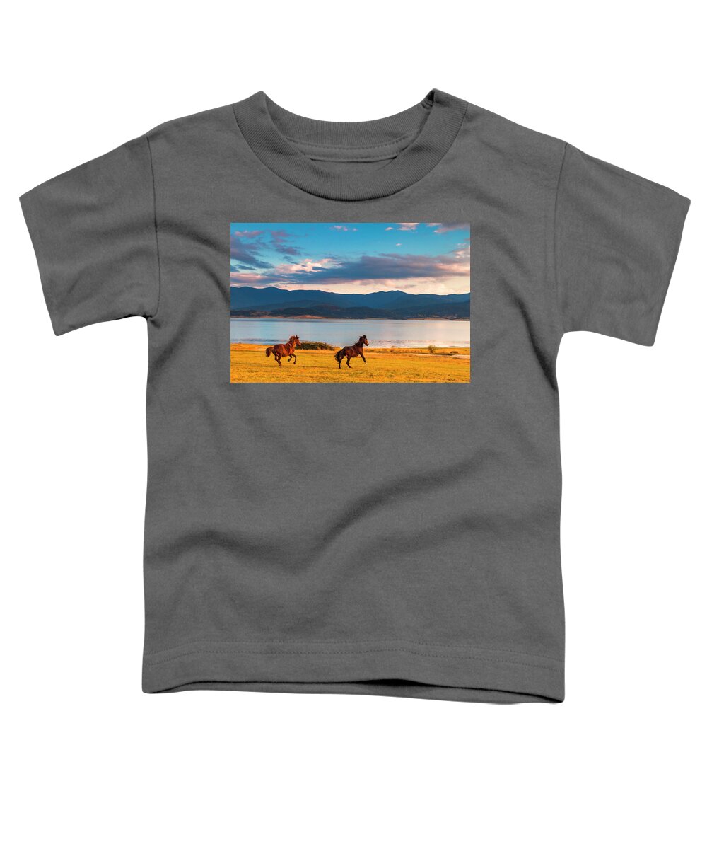 Animal Toddler T-Shirt featuring the photograph Running Horses by Evgeni Dinev