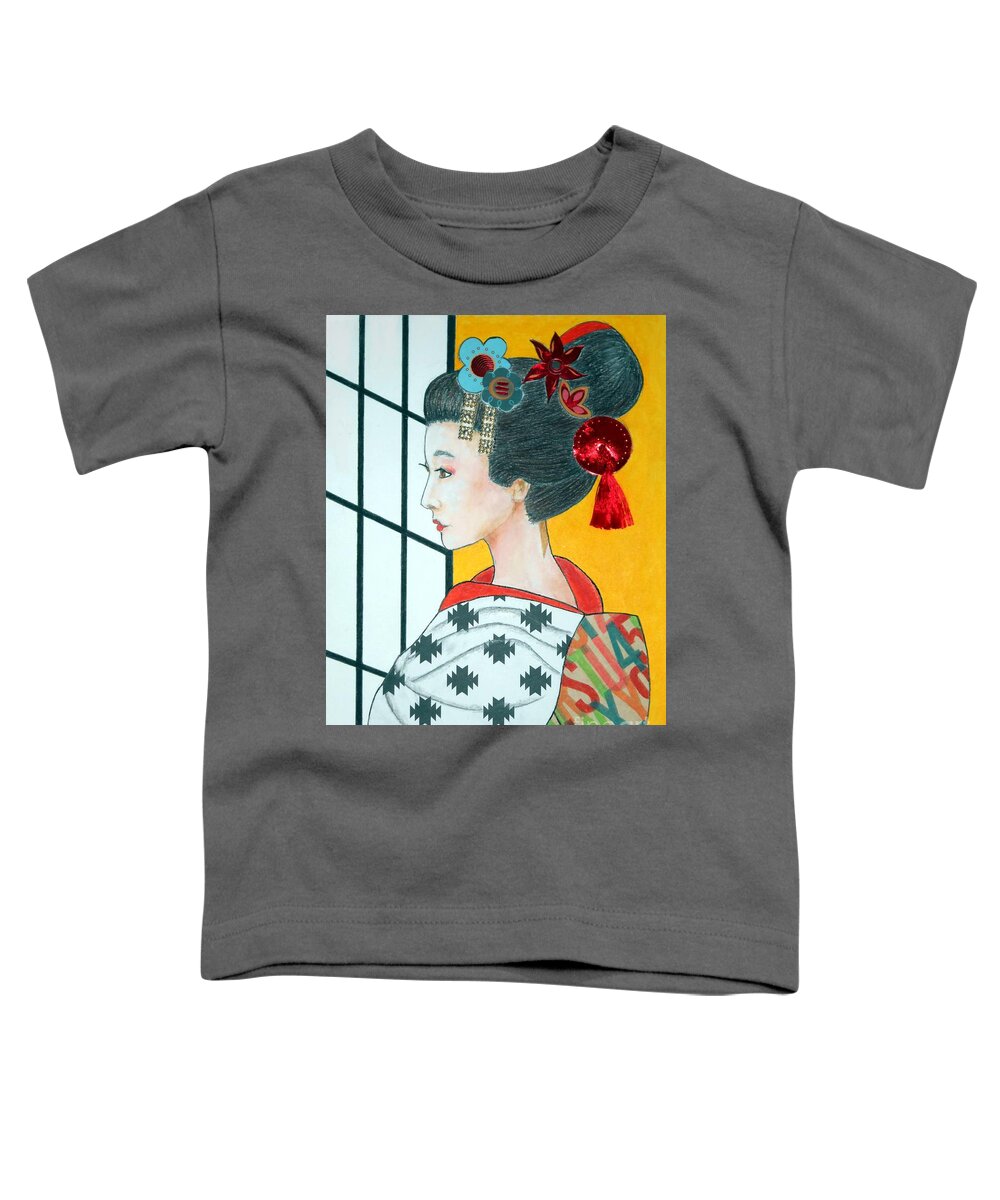 Geisha Toddler T-Shirt featuring the mixed media Sachiko--Happiness by Jayne Somogy