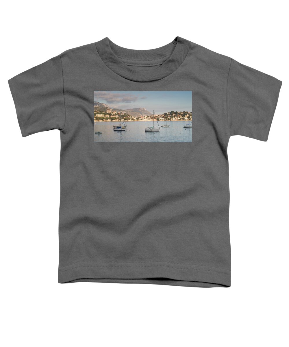 Azur Toddler T-Shirt featuring the photograph Sailing boats at sunset on Villefranche sur mer in French Riviera by Jean-Luc Farges