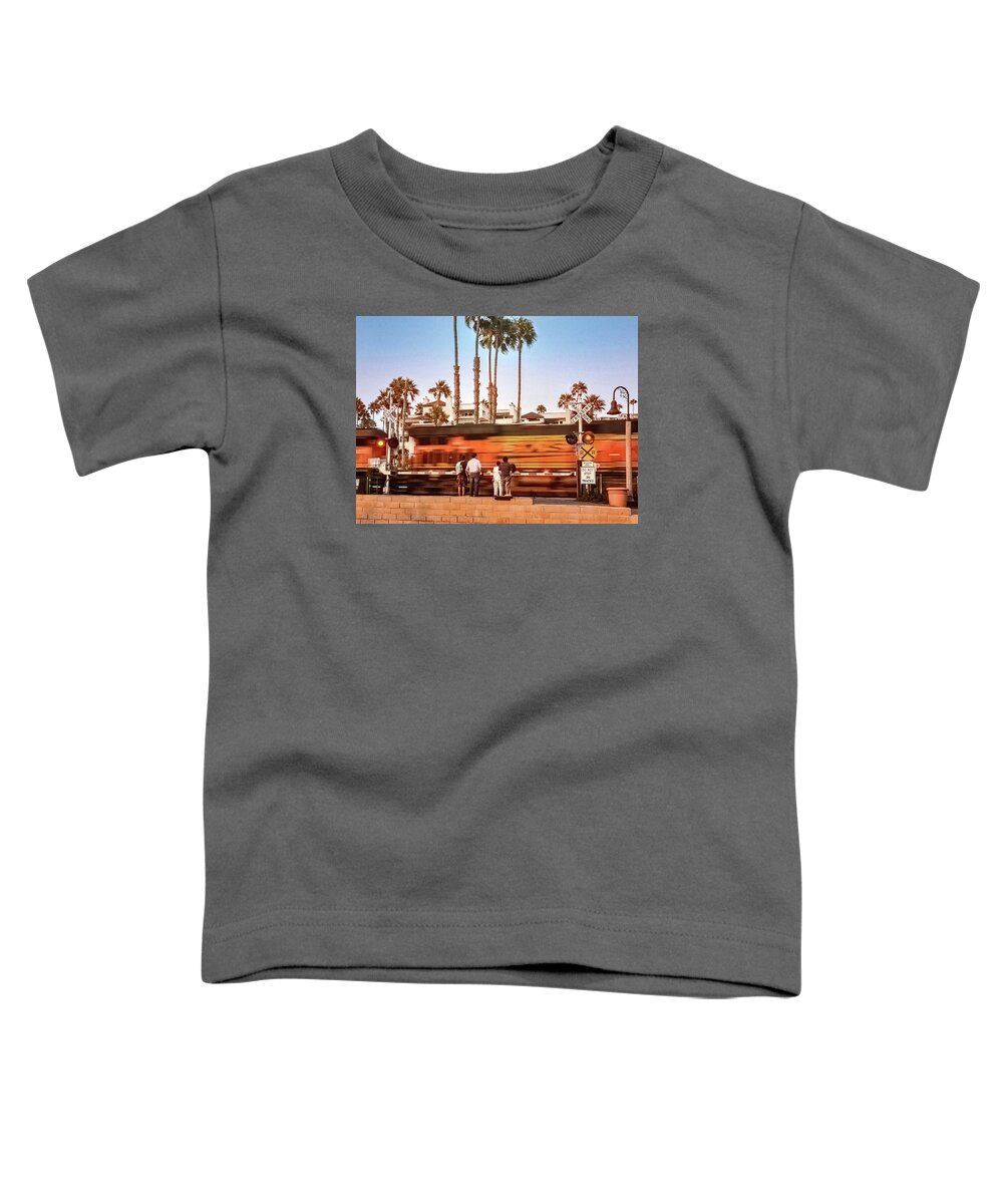 Train Toddler T-Shirt featuring the photograph San Clemente Pier Train Crossing by Rebecca Herranen