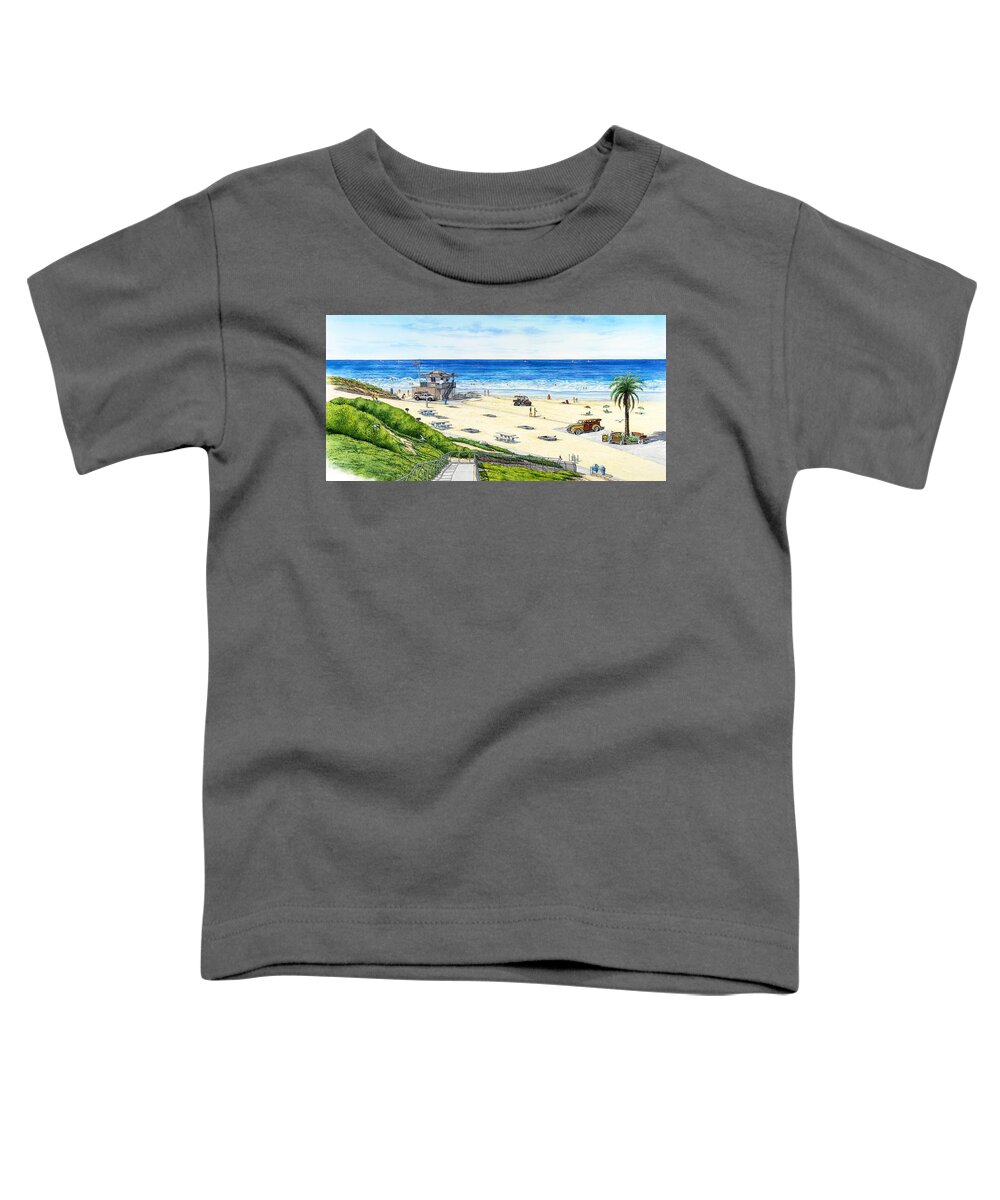 San Diego Toddler T-Shirt featuring the painting San Diego,california,encinitas, Moonlight Beach by John YATO
